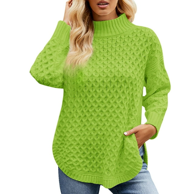 Gibobby Casual Suéter para Mujer, Suéter de cuello alto para mujer, de punto trenzado, de color sólido, de punto, para mujer(Verde,M)