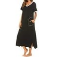 thumbnail image 5 of FRSASU Womens Short Sleeve Nightgown Cotton V-Neck Long Nightshirts Full Length Sleep Dress Side Slit Sleepwear with Pockets Black, 5 of 8