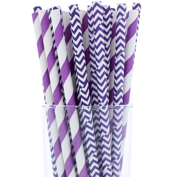 Purple Straws - 50 Pack Of Biodegradable Striped Paper Straws For Parties, Cake Pop Sticks, And More