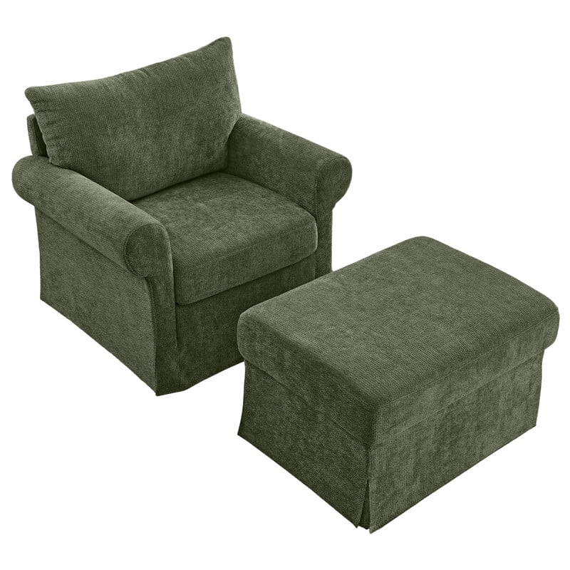 Oversized Single Sofa Chair w/ Ottoman Set, Chenille Accent Chaise Lounge, Modern Upholstered Armchair w/ Backrest Pillow