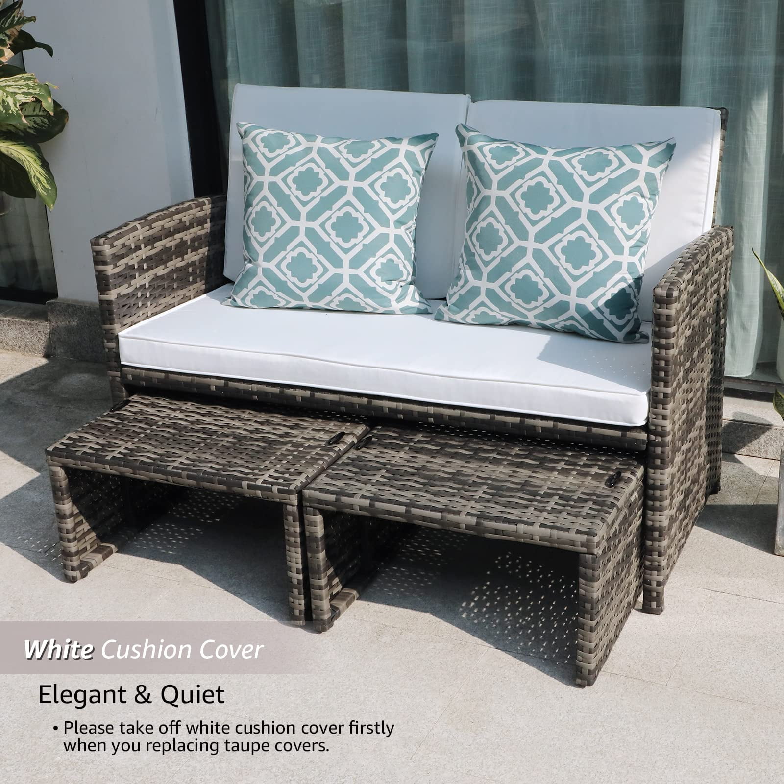Outdoor Loveseat Patio Furniture Rattan Conversation Set, with Ottoman, Pillows Included, Grey Wicker, White Cushions