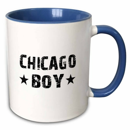 3dRose Chicago Boy - home town city pride - USA United States of America - black and white text and stars - Two Tone Blue Mug,