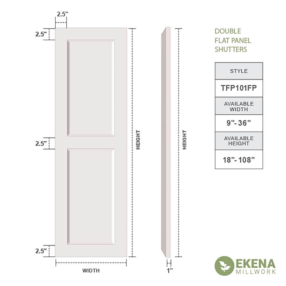 Ekena Millwork 15"W x 65"H True Fit PVC Two Equal Flat Panel Shutters, Black (Per Pair - Hardware Not Included)