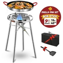 ARC Nonstick Paella Pan, Stainless Steel Paella Burner and Stand Set, Paella Pan Set with Propane Burner Head, Carry Bag, Wok Spatula, Foldable Brackets Perfect for Stockpot, Wok (16 in-9 Servings)