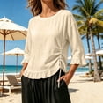 thumbnail image 5 of thefmos Women's Fall 3/4 Sleeve Ruffle Blouses Round Neck Drawstring Ruched Tops Casual Boho Pullover Shirts Solid Fashion Clothes for Vacation, Beige L, 5 of 6