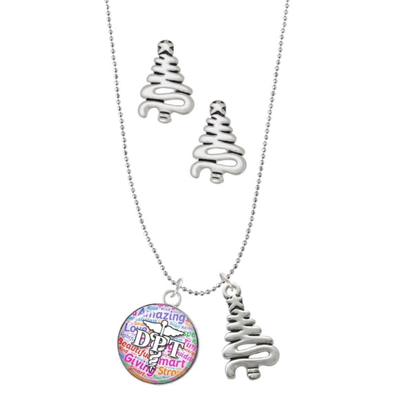 Delight Jewelry Silvertone Domed Multi Color DPT Silver tone Zig Zag Christmas Tree Charm Necklace and Stud Earrings