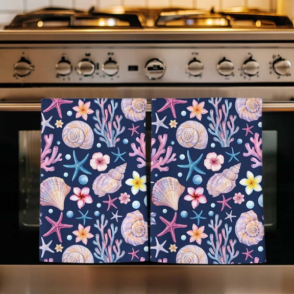 Beach Coastal Kitchen Towels Set of 2, Summer Nautical Shell Starfish Coral Blue Absorbent Dish Towels for Kitchen, Microfiber Hand Towel, Quick Drying Tea Towel for Cleaning Decorative Dishcloths