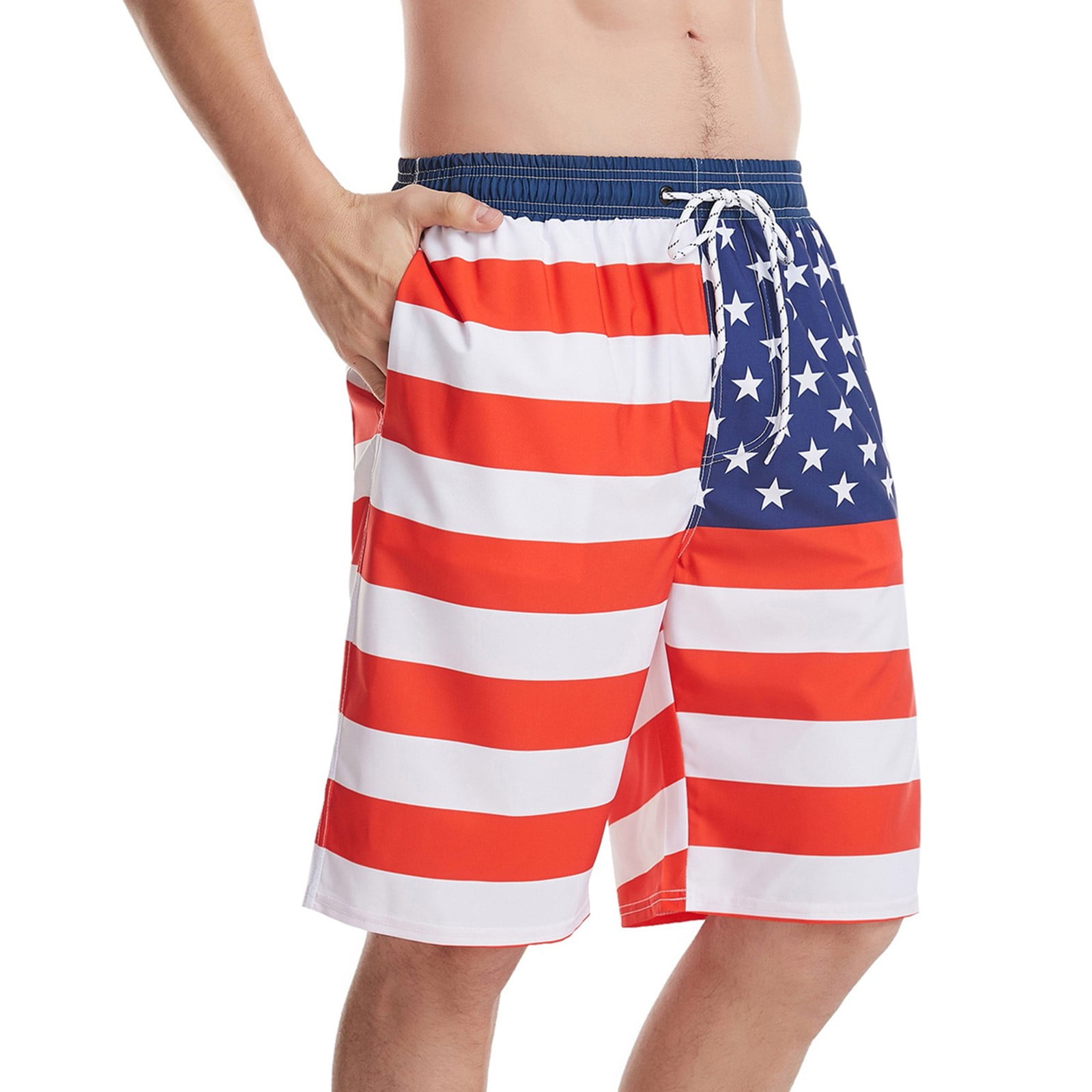 FASUWAVE Mens Swim Trunks Spain Flag with America Flag Quick Dry Beach Board Shorts with Mesh Lining