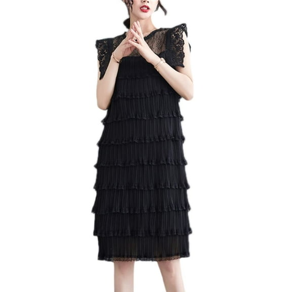 YM YOUMU Women Elegant Lace Splice Sleeveless Tiered Ruffle Dress for Work Wedding Cocktail Party