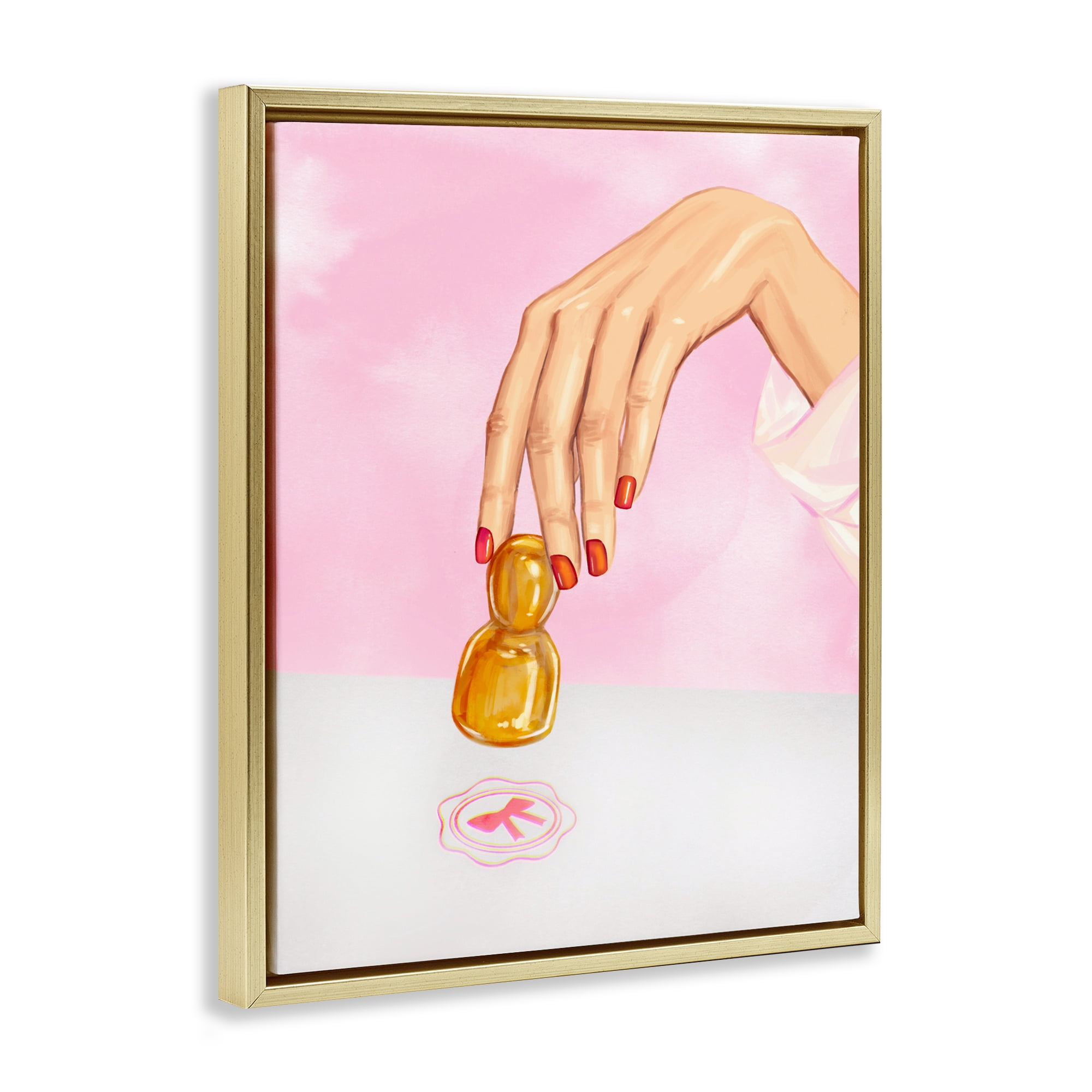 Pink Bow Fashion Stamper Gold Framed Floater Canvas Wall Art, design by Ziwei Li