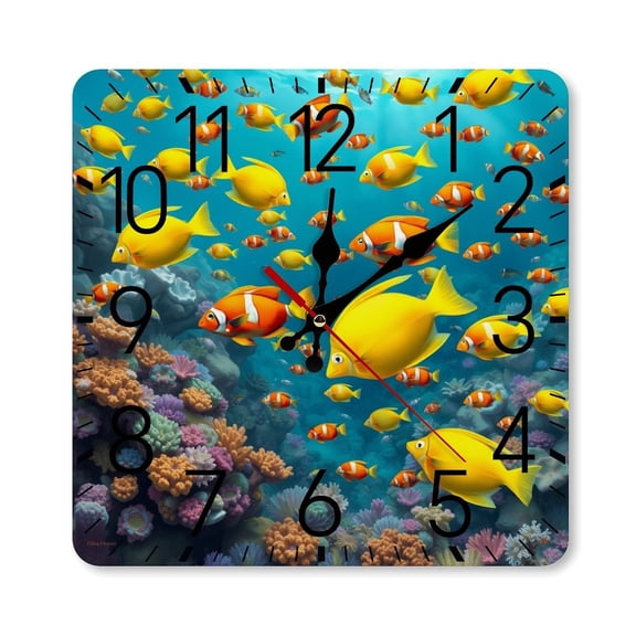 RKSupls 10×10inch Square Silent Wall Clock Wooden Frame, Clownfish Coral Reef Scale Decorative Clock for Home Bedroom Living Room Office