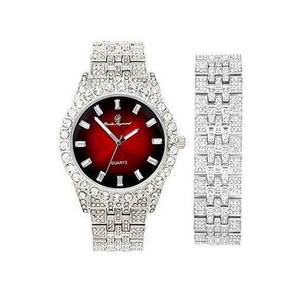 Charles Raymond Mens Wristwatch w/Matching Iced Out Hip Hop Bracelet - Big Rhinestones and Elegant Baguette Time Indicators on Dial - Master Blinged out - ST10226B (Matching Silver/Blood Red BA)