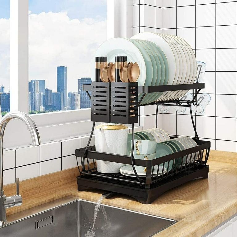 Dish Drying Rack, 2-Tier Dish Drying Rack with Water Tray, Utensil