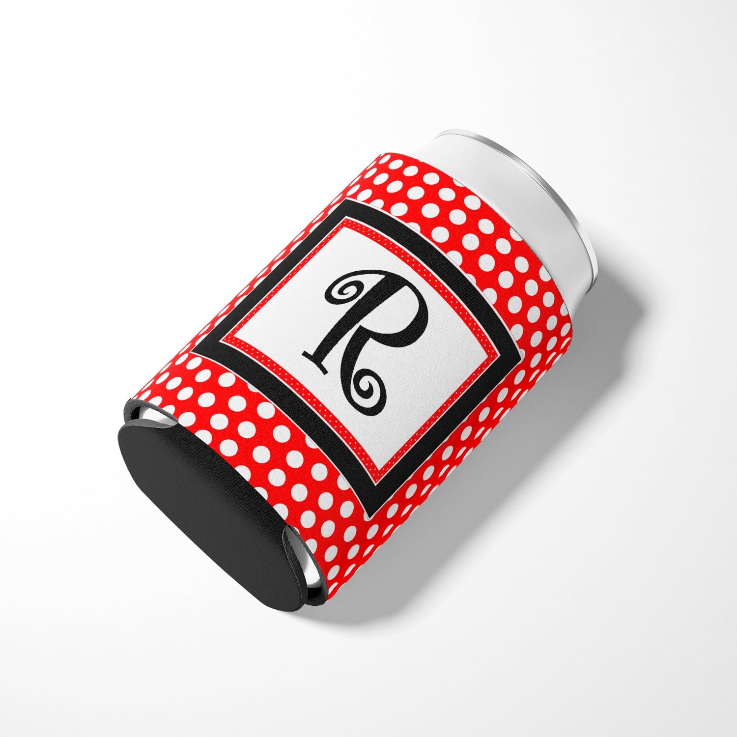 Letter R Initial Monogram - Red Black Polka Dots Can or Bottle Beverage Insulator Hugger