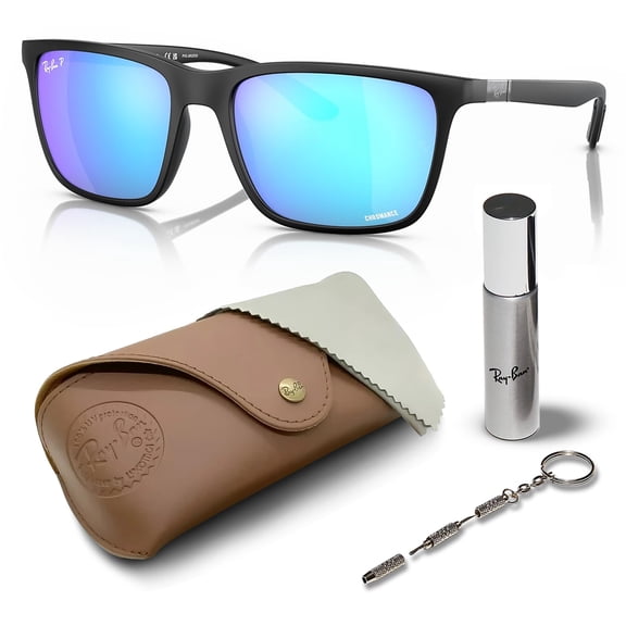 Ray-Ban RB4385 POLARIZED Rectangle Shaped Sunglasses for Men & Women - Includes Official Rayban Eyewear Kit - Ideal Formal & Casual Wear Sunglasses - Green/Blue Chromance Lens