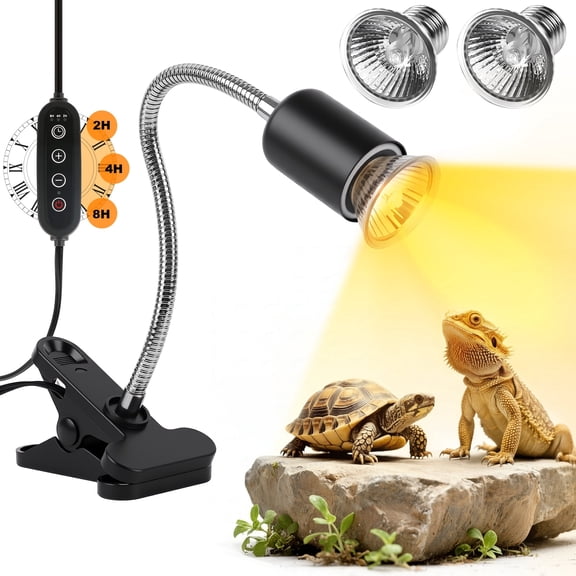 Reptile Heat Lamp, Double-Head Heat Lamp with Clamp, UVA UVB Reptile Light with Intelligent Cycle Timer for Turtle, Bearded Dragon, Lizard