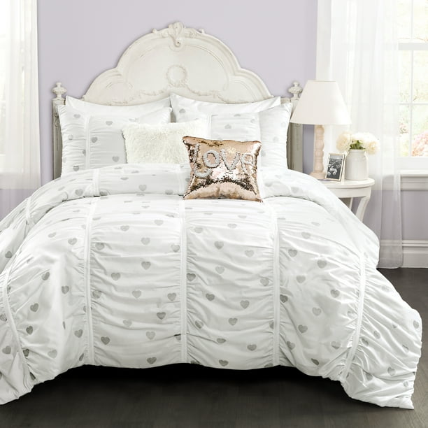 For a basic set of sheets with a price that can't be beat, microfiber sheets are the way to go. lush decor distressed metallic heart print polyester comforter full queen white silver 3 pc set