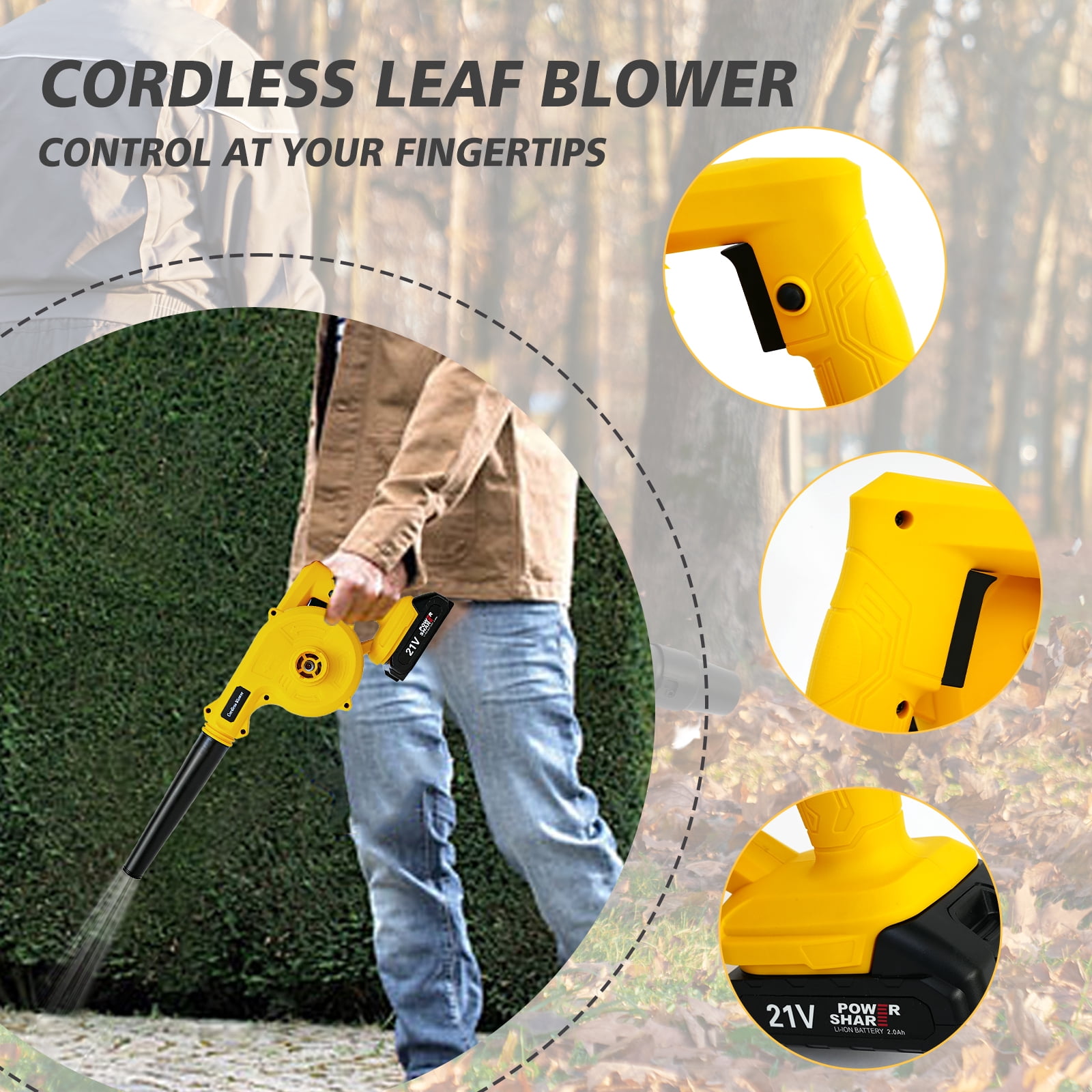 BAOKALER 20V Max Cordless Mini Leaf Blower, 15000RPM 29m/s High Power Blower and Vacuum, Multi Speed with 2 Batteries for Pet Hair, Dust, Car & Outdoor Inflating
