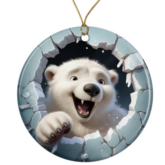 3D Polar Bear Breakthrough Ceramic Ornament - Breakout 3D Cool Design Pop Out - 3 Inch Christmas Tree Round Ornament - Xmas Holiday Decor - String Included - ORN0035