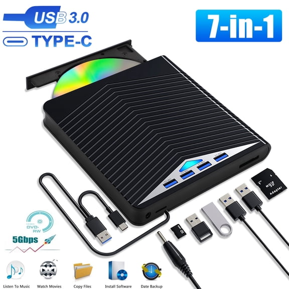 (Open Box) 7-in-1 External CD DVD Drive for Laptop, EEEkit Optical Disk Drive Reader Writer Burner with TF/SD Card Slots - Black