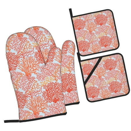 

Fotbe Corals for 4Pcs Oven Mitts and Pot Holders 500℉ Heat Resistant Oven Mitts Non-Slip Silicone Surface Safe for Baking Cooking BBQ
