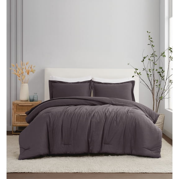 Brooklyn Loom 100% Flax Linen Charcoal 3-Piece King Comforter Set, Solid Casual themed, Adult Bedding, OEKO-TEX Certified