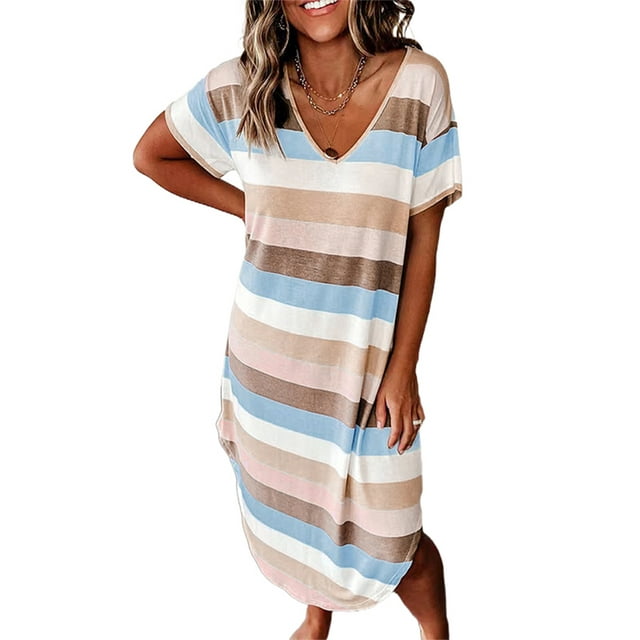 LUXUR Nuisette pour Femmes Chemise de Nuit Rayée Robe de Nuit à Col en V Tenue de Nuit Décontractée Robes T-Shirt à Manches Courtes Orange Bleu m