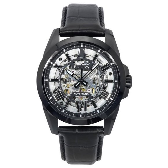 Bulova Reloj Classic Sutton para Hombre, Correa de Cuero, Esfera Esqueletizada Plateada, Automático, 98A304, Resistente Al Agua hasta 100 M.