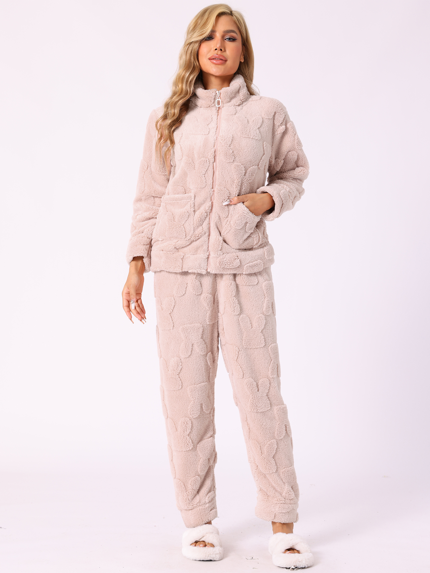 DARING DIVA Women's Flannel Soft Winter Warm Pajama Lounge Set Set with Pockets Pink XS