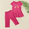 thumbnail image 5 of Clearance！Honeeladyy Girl's Summer Round Neck Small Print Short Sleeved Flying Sleeves Elastic Waist Cropped Pants Two-piece Set for Beach(Hot Pink,9-10 Years), 5 of 5