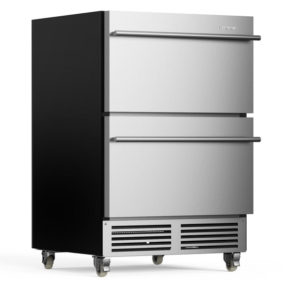 Upstreman 24 Inch Double Drawer Refrigerator, Under Counter Beverage Refrigerator Stainless Steel Outdoor Refrigerator Wine Cooler Fridge, Built-in or Freestanding, BR50D