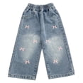thumbnail image 2 of WPPGONE Toddler Girls Wide Leg Jeans Little Kids Loose Denim Pants Fashion Bow Embroidery Elastic Waist Relaxed Fit Breathable Cotton Everyday Casual Trousers, 2 of 9