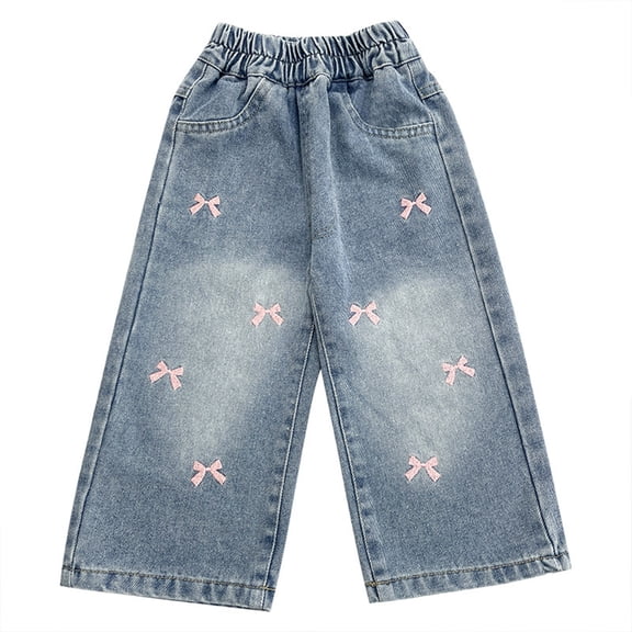 Mwjwdo Big Kids Girls Lovely Embroidered Bow Straight Jeans, Elastic Waist Denim Pants with Pockets, Sweet Casual Trousers Blue 2 Years