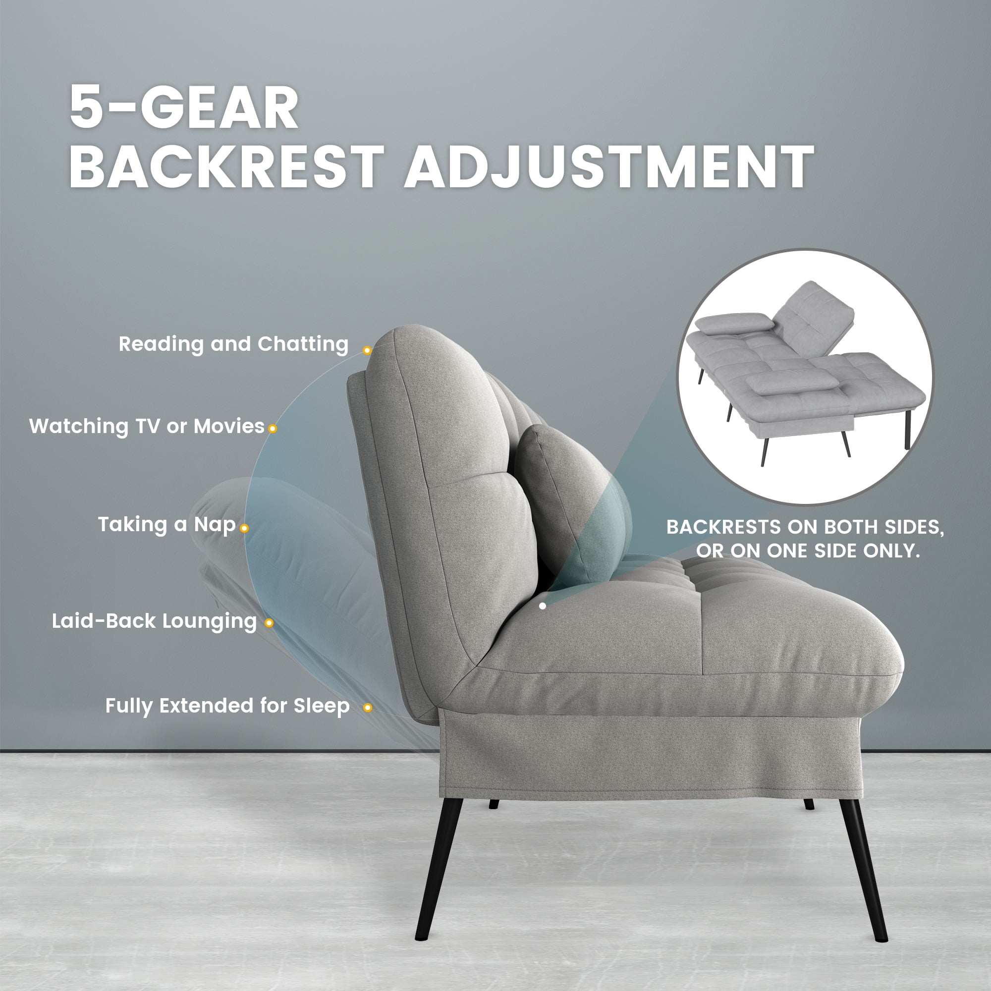 COMHOMA 72'' W Fabric Convertible Futon Sofa Bed with 5 Adjustable Backrest,Gray