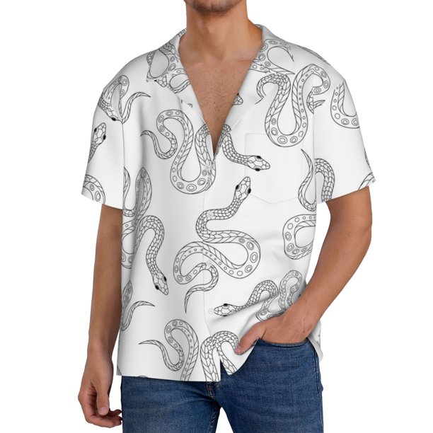 Fotbe Hand Drawn Snake Camisa Estampada de Manga Corta para Hombre, Casual de Verano, Estilo Playero, Sin Arrugas-Large