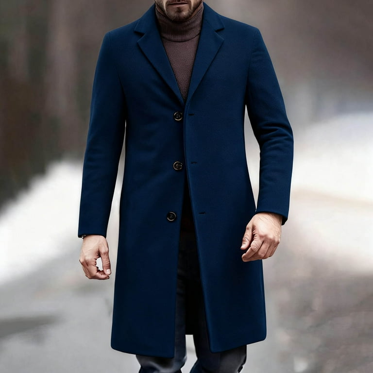 Men's Long Trench Coats Classic Winter Coat Single Breasted Jacket