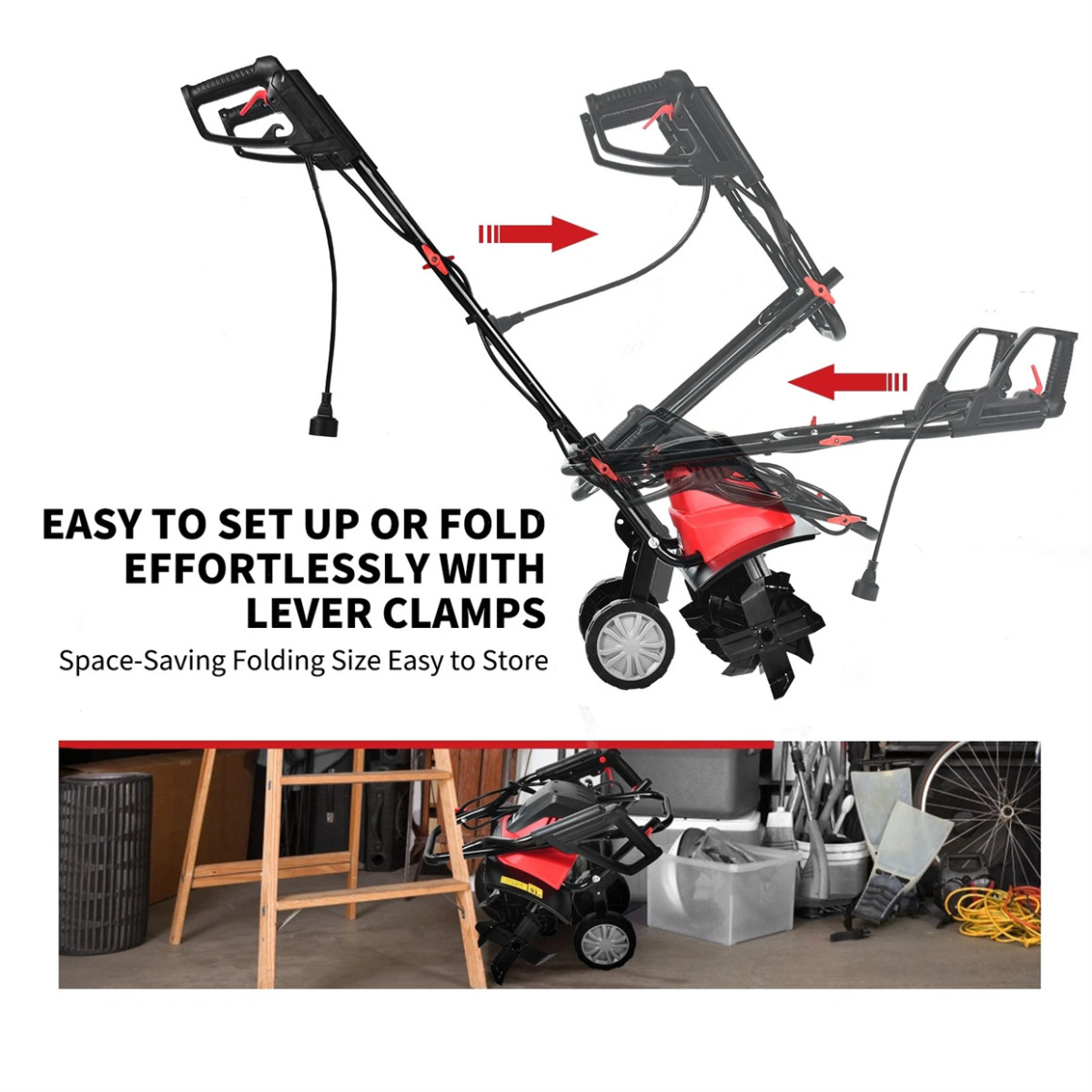 17-Inch Electric Tiller, 14 Inch Tilling Width 9 Inch Electric Tiller, Foldable Electric Rototiller, 10 Amp Tiller Cultivator for Lawn, Yard, Garden Soil Digging, Red+Black