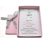 Baby Girl's Cross Necklace in Sterling Silver With a Swarovski Crystal Pearl on a 14" Sterling Silver Box Chain. Baby Girl Gift. Baptism Gift for Baby Girl. Baby Shower. Little Girl Jewelry.