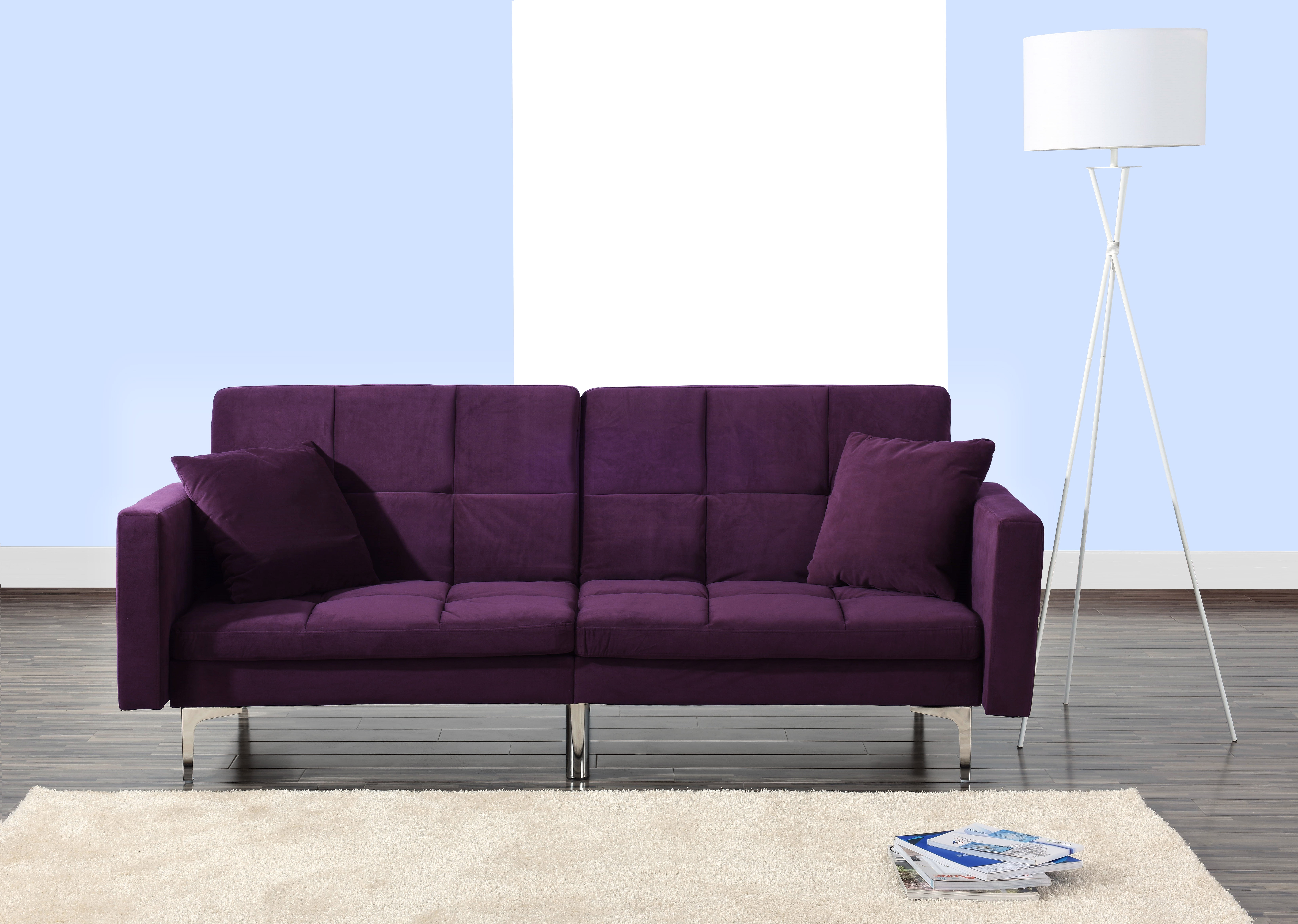 Sofamania Modern Tufted Split Back Sofa Bed in Velvet, Purple