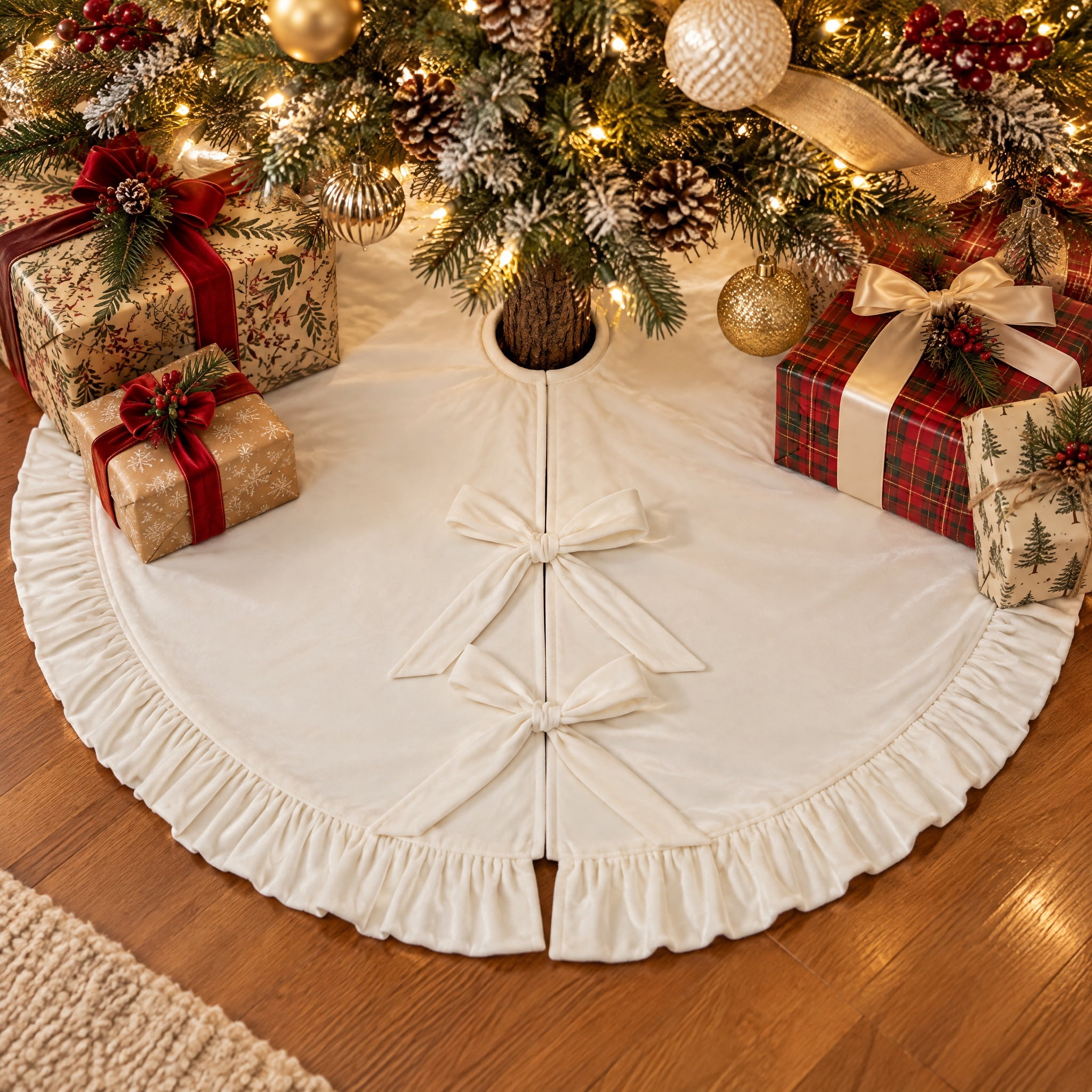 My Texas House Ruffle Velvet Christmas Tree Skirt, Ivory, 52"