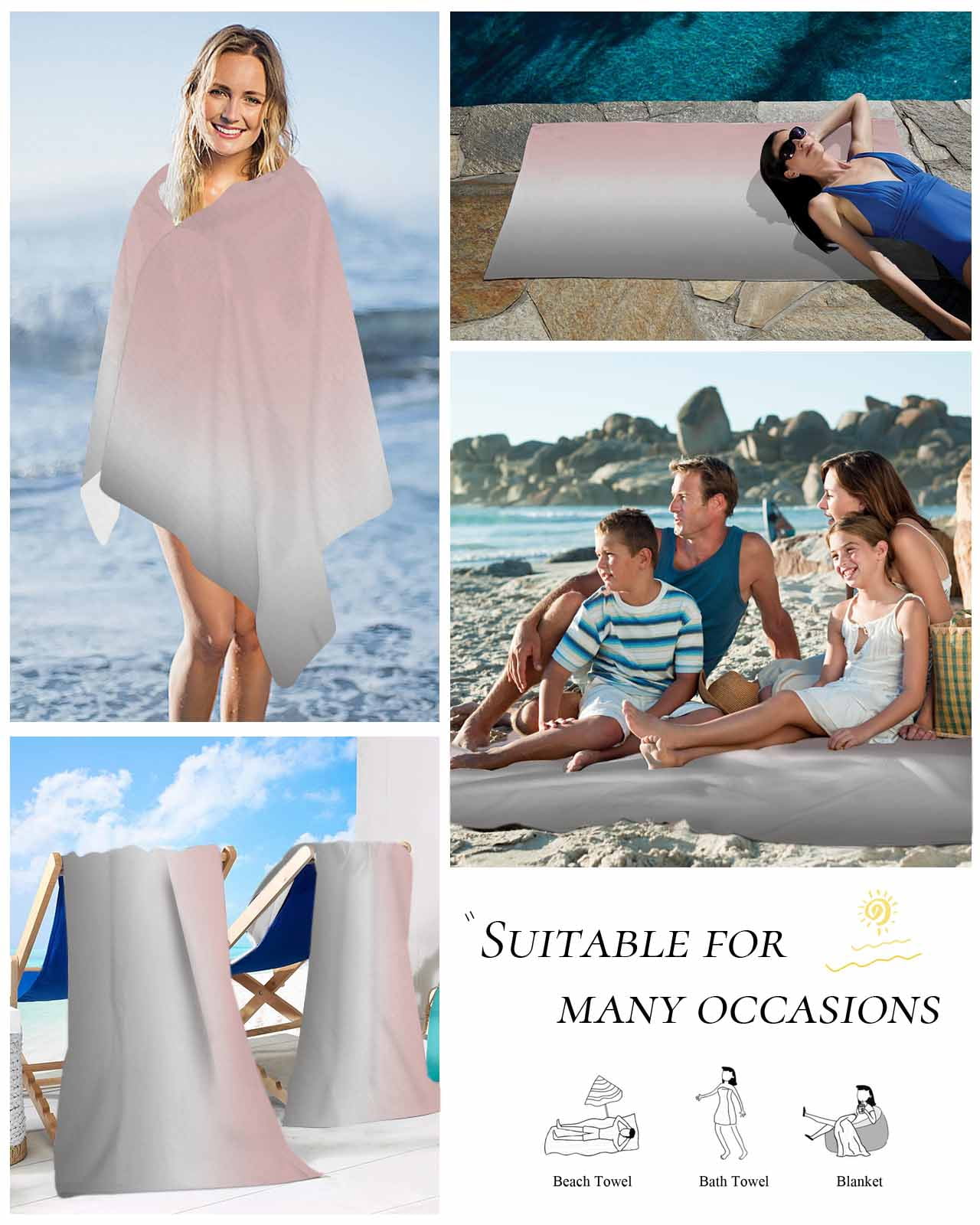 Gradient Pink Grey, Beach Towels Oversized Super Absorbent, Modern Abstract Color Ombré Art Lightweight Bath Towel Quick Dry Sets For Bathroom/Pool/Rv Camping/Beach Play/Gym Room/Picnic 35"x70"