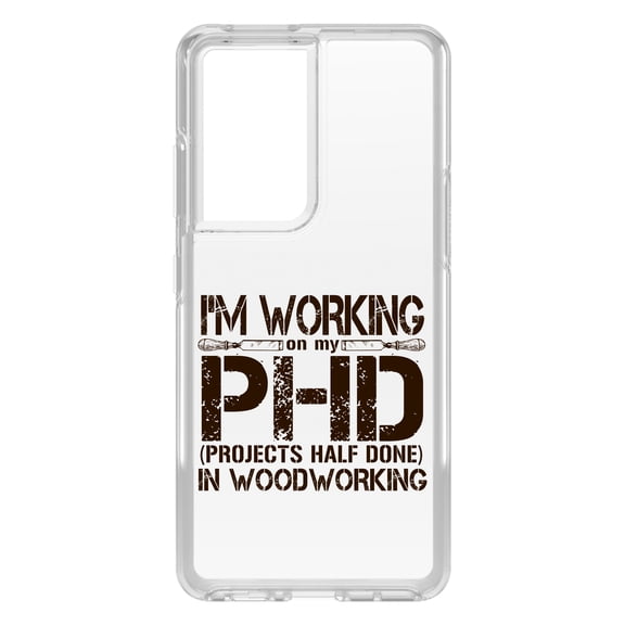 DistinctInk Clear Shockproof Hybrid Case for Galaxy S21 ULTRA 5G (6.8" Screen) - TPU Bumper Acrylic Back Tempered Glass Screen Protector - Working on PHD Projects Half Done Woodworking