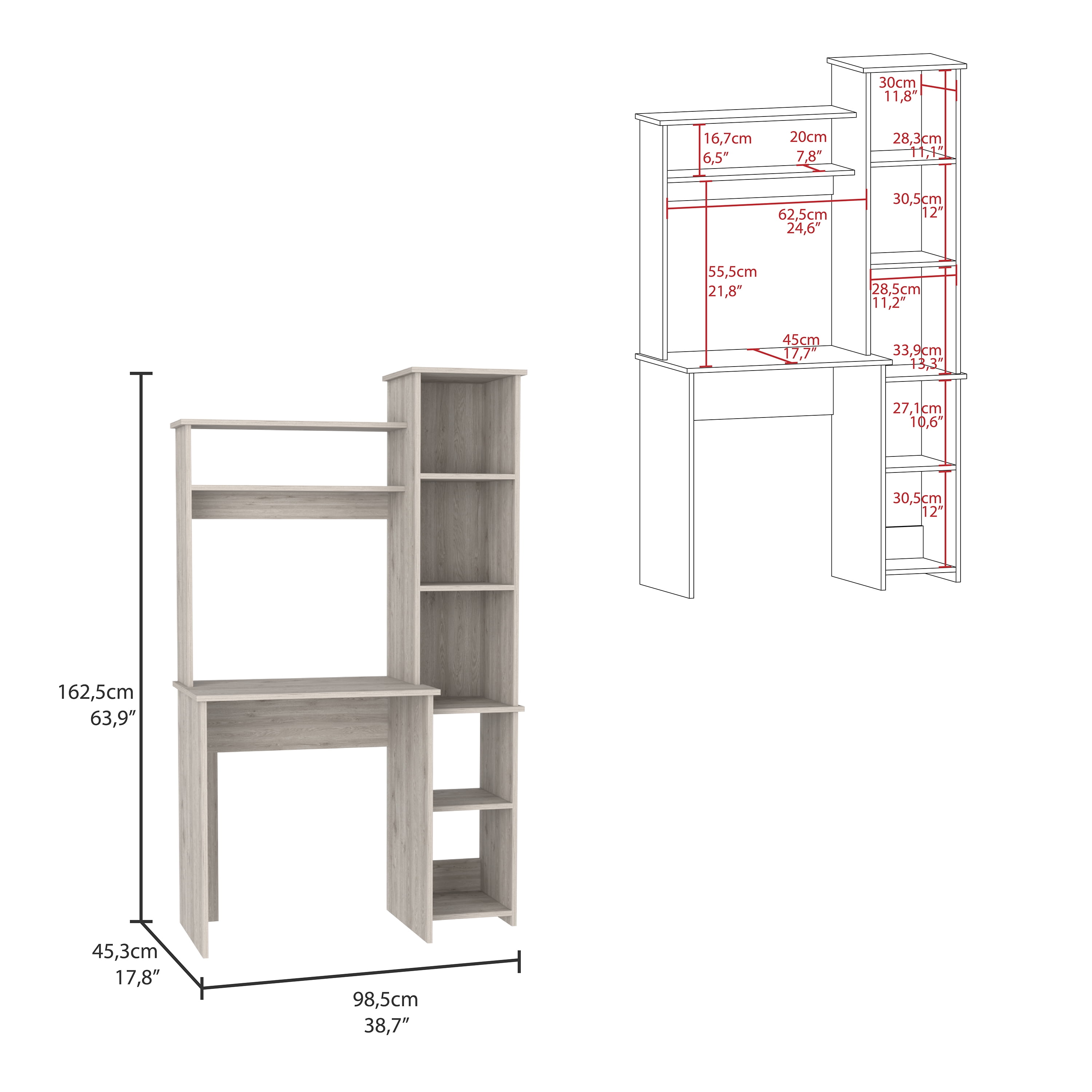 Astoutdoor Versalles Writing Desk with Two Shelves and Five Cubbies, Light Gray