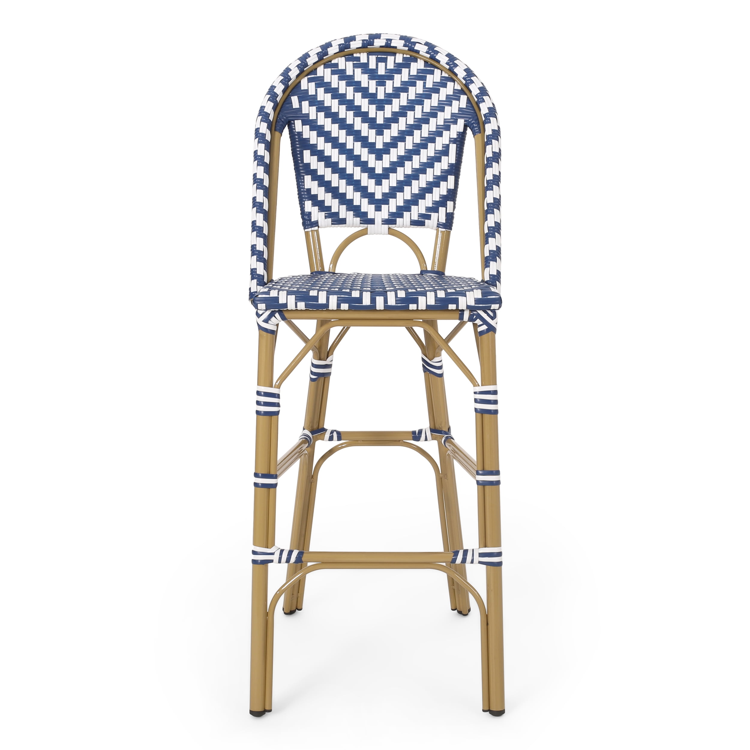 Outdoor French Style Bar Stool Set of 2 29.5 Inch, PE Rattan Frame Height Seats for Patio Bar, Navy Blue and White