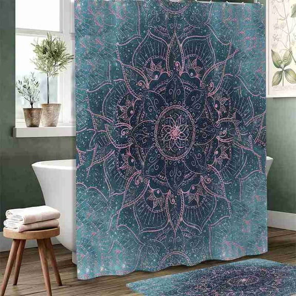 70x70 inch Teal Blue and Pink Glowing Mandala Shower Curtain, Waterproof Polyester Fabric with Hooks for Bathroom Decor