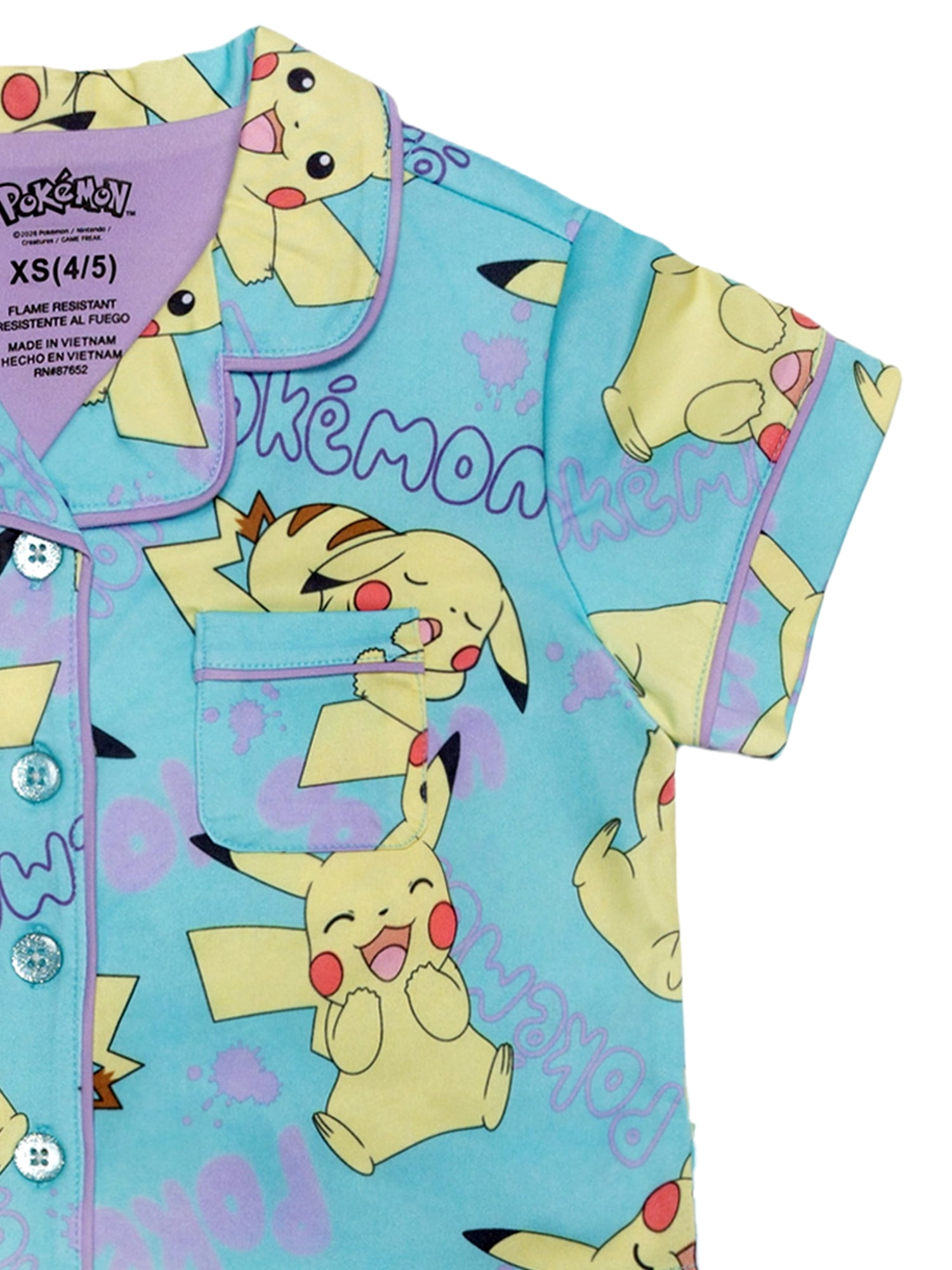 Pokemon Girls Button Front Top and Shorts Pajama Set, 2-Piece, Sizes 4-12