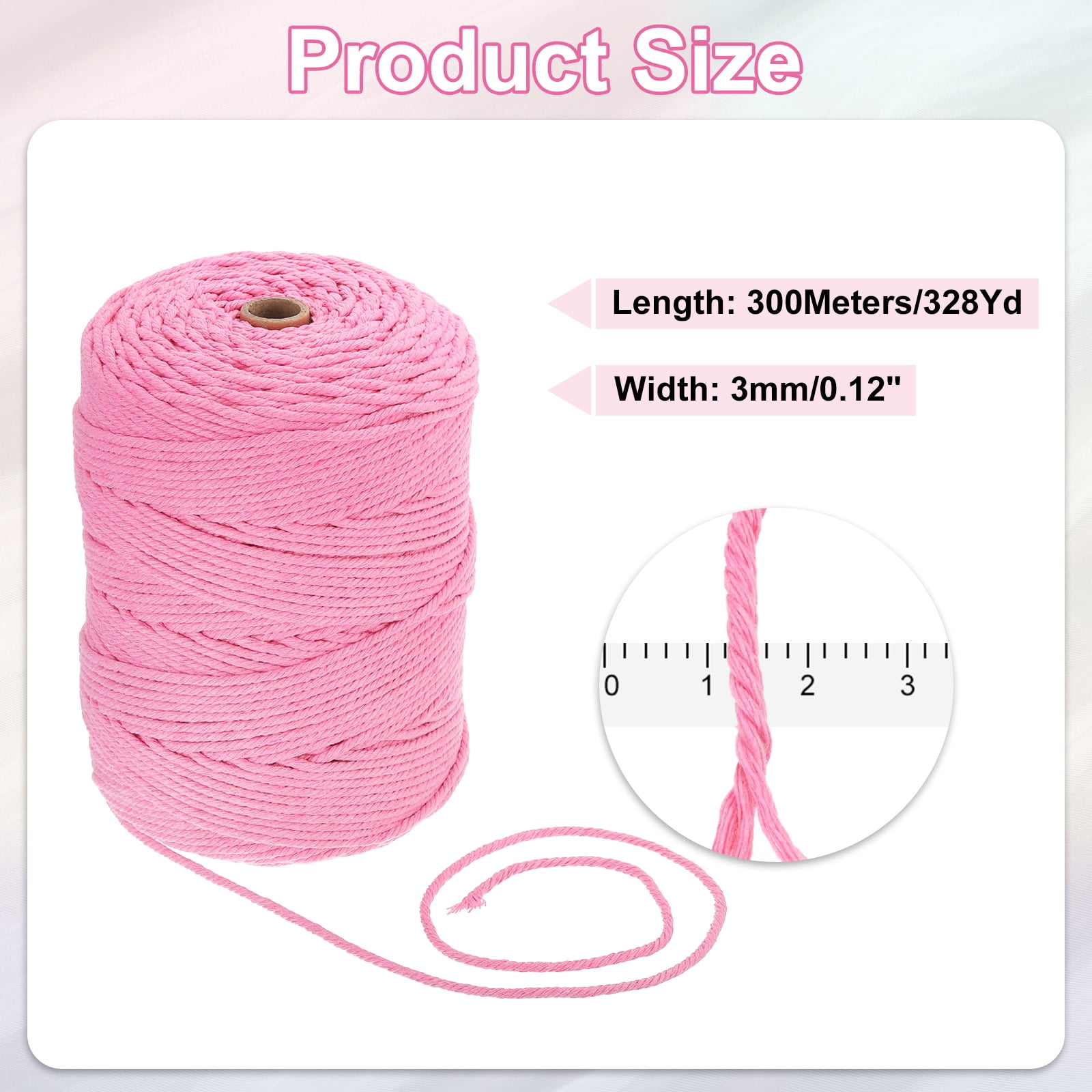 Uxcell Natural Macrame Cord 3mm x 328 Yards 4 Strand Twisted Cotton Macrame Rope for DIY Knitting Plant Wall Hanger Dreamcatcher, Deep Pink