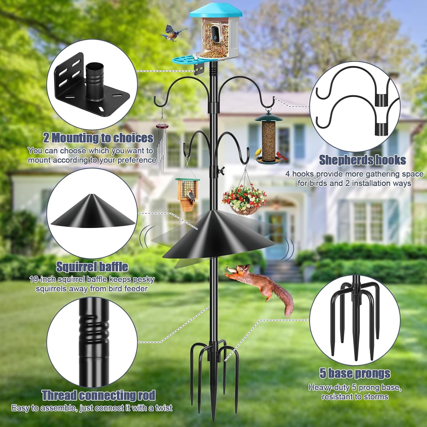 Smart Bird Feeder Pole Squirrel Proof 1-Inch Dia 94 Inch with 4 Shepherds Hooks Hanging Bluebird House Pole for Outdoors Squirrel Baffles for Feeders Metal Heavy Duty Mounting Kit