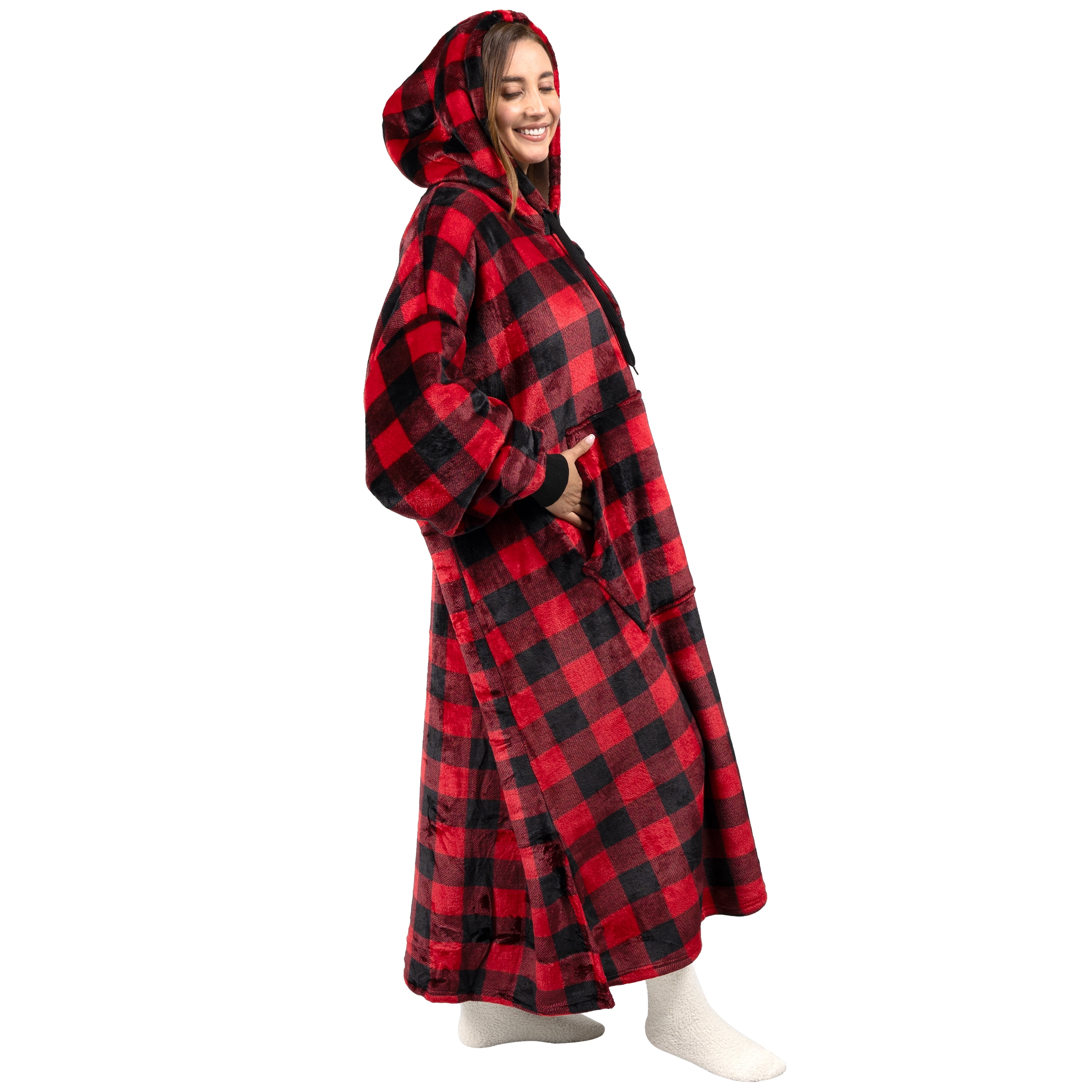 PAVILIA Blanket Hoodie for Women Red, Sherpa Wearable Blanket Men, Cozy Oversized Sweatshirt Blanket, Warm Fleece Hooded Blanket Sweater with Sleeves and Giant Pocket, Adult Long, Checker Red