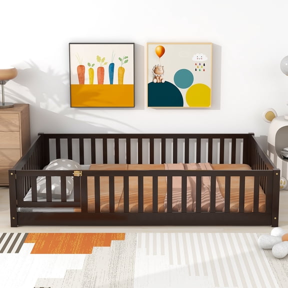 Full Size Floor Bed with Fence and Door,Rubber Wood Floor Bed with Safety Guardrails,for Living Room & Bedroom,Espresso